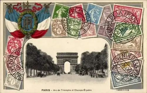 Präge Briefmarken Ak Paris VIII., Arc de Triomphe, Champs-Elysees