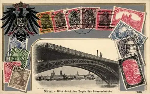 Präge Briefmarken Ak Mainz am Rhein, Blick durch Bogen der Straßenbrücke