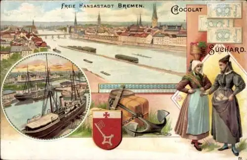 Litho Hansestadt Bremen, Stadtpanorama, Hafen, Chocolat Suchard, Frauen in Tracht