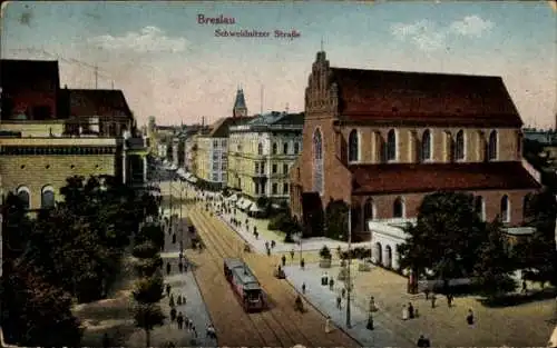 Ak Wrocław Breslau Schlesien, Schweidnitzer Straße, Straßenbahn