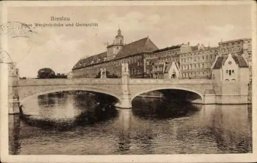 Ak Wrocław Breslau Schlesien, Neue Werderbrücke und Universität