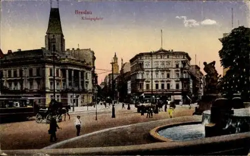 Ak Wrocław Breslau Schlesien, Königsplatz, Bismarckbrunnen, Straßenverkehr