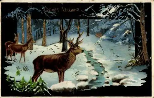 Präge Ak Glückwunsch Neujahr, Hirsch, Rehe, Winterlandschaft