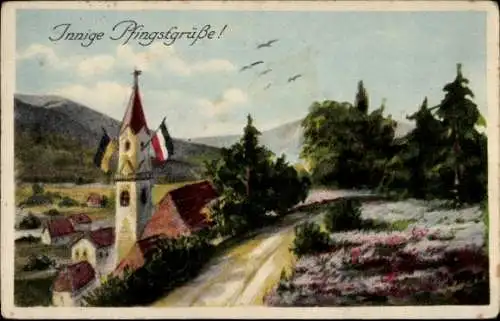 Ak Glückwunsch Pfingsten, Landschaft, Kirche, Patriotik