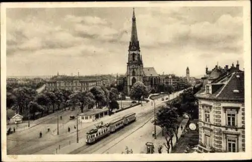 Ak Karlsruhe in Baden, Kirche, Straßenbahn