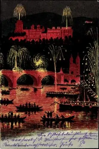 Künstler Ak Heidelberg am Neckar, Schloss, Brücke, Boote, Feuerwerk