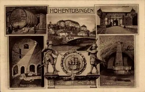 Ak Tübingen am Neckar, Schloss Hohentübingen, Weinfass, Wappen, Brücke, Innenansicht