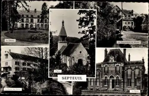 Ak Septeuil Yvelines, Le Chateau, La Vaucouleurs au Moulin, L'Egise, Moulin des Dames, La Mairie