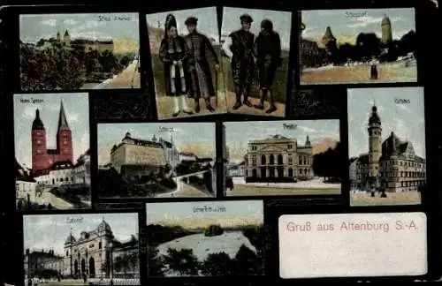 Ak Altenburg in Thüringen, Schloss, Theater, Rathaus, Bahnhof, Rote Spitzen, Altenburger Tracht