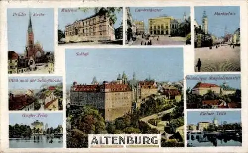 Ak Altenburg in Thüringen, Kleiner Teich, Schloss, Großer Teich, Marktplatz, Brüderkirche, Museum