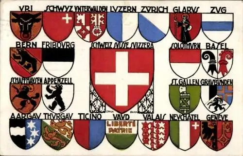 Wappen Ak Schweiz, Uri, Schwyz, Unterwalden, Luzern, Zürich, Bern, Appenzell, Tessin, Wallis, Genf