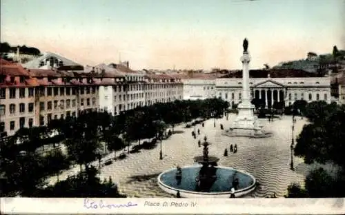 Ak Lisboa Lissabon Portugal, Platz D. Pedro IV., Denkmal, Springbrunnen