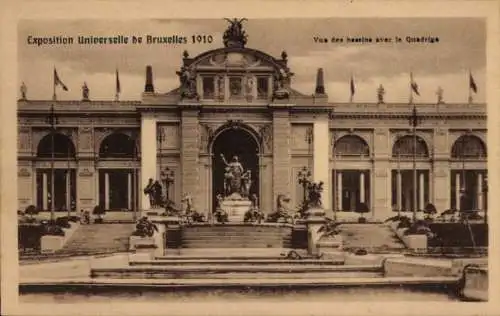 Ak Brüssel Brüssel, Weltausstellung 1910, Blick auf die Becken mit der Quadriga