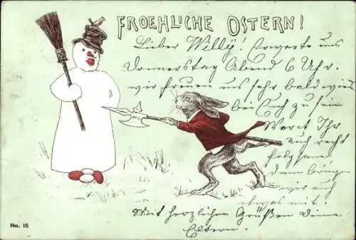 Litho Glückwunsch Ostern, Osterhase greift einen Schneemann an