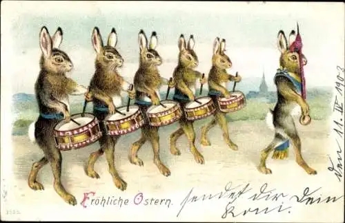 Litho Glückwunsch Ostern, Osterhasen mit Trommeln