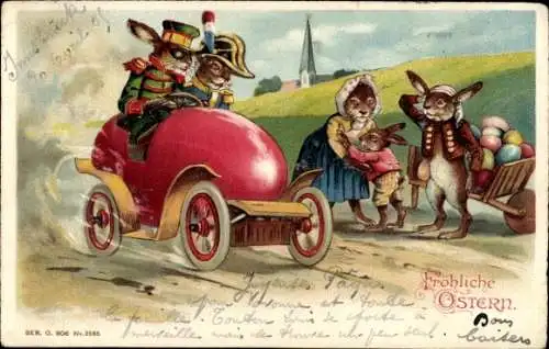 Litho Glückwunsch Ostern, Osterhasen im Auto, Familie, Ostereier