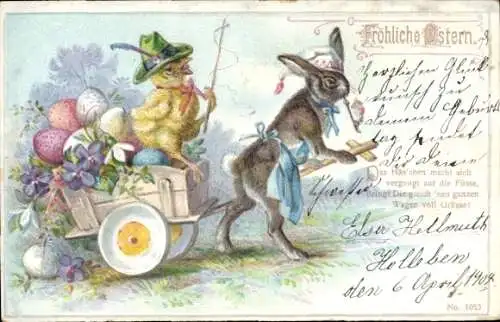 Litho Glückwunsch Ostern, Rauchender Osterhase, Karre, Küken, Ostereier