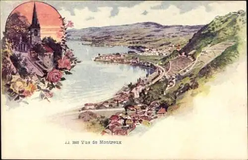 Litho Montreux Kanton Waadt Schweiz, Panorama, Kirche