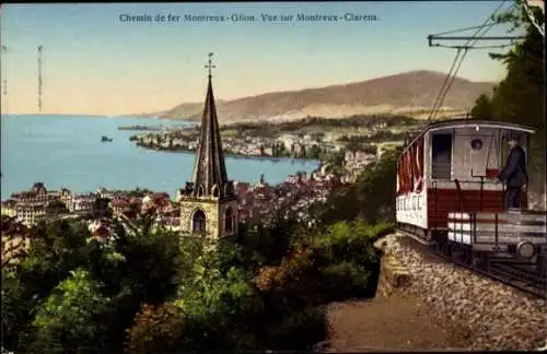 Ak Clarens Montreux Kanton Waadt, Teilansicht, Standseilbahn in Fahrt