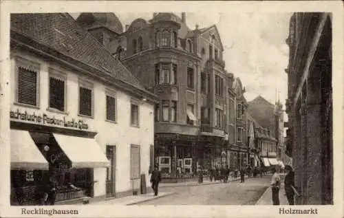 Ak Recklinghausen im Ruhrgebiet, Straßenpartie, Holzmarkt, Geschäft für Farben, Lacke und Glas