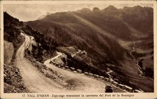 Ak Les Val d'Aran Aran-Tal Katalonien, Zickzacklinien entlang der Straße Port de la Bonaigua