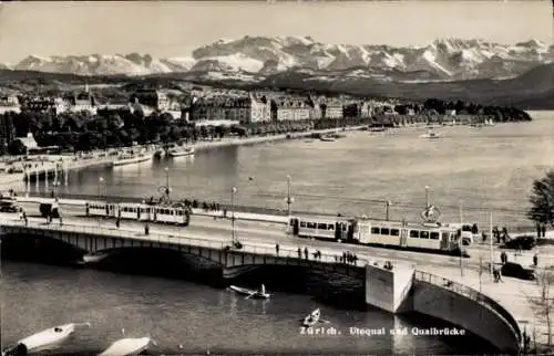 Ak Zürich Stadt Schweiz, Utoquai, Quaibrücke, Straßenbahnen