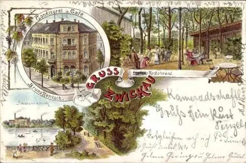 Litho Zwickau in Sachsen, Conditorei und Cafe Bruno Hentsch, Gartenrestaurant, Schwanenteich