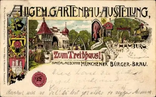 Litho Hamburg, Allg. Gartenbau-Ausstelllung 1897, Zum Treibhaus, Spezialausschank, Windenhof, Wappen