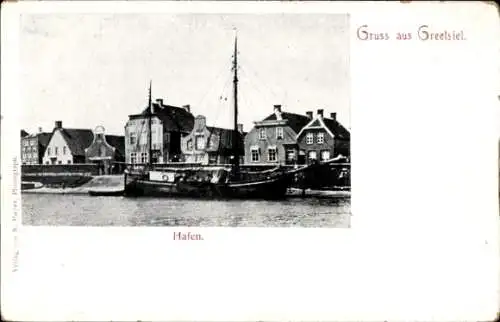 Ak Greetsiel Krummhörn in Ostfriesland, Hafen mit Segelschiff