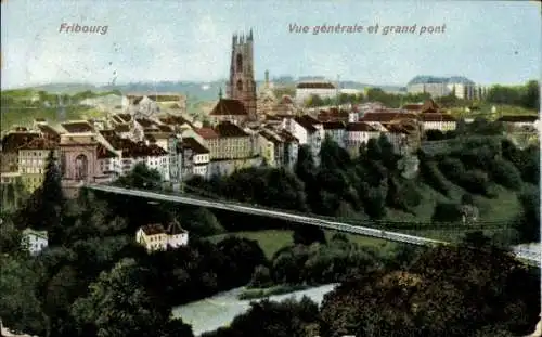 Ak Fribourg Freiburg Stadt Schweiz, Gesamtansicht, Brücke