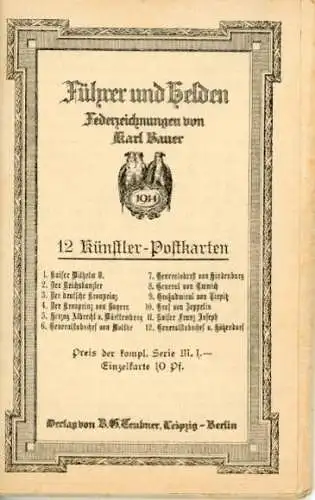 12 Künstler-Postkarten im Umschlag  "Führer und Helden,  Federzeichnungen von Karl Bauer"