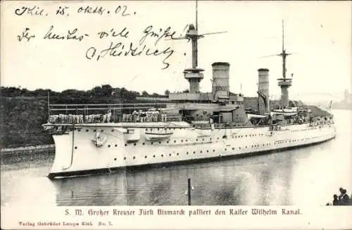 Ak Deutsches Kriegsschiff, SMS Fürst Bismarck passiert den Kaiser Wilhelm Kanal, Großer Kreuzer