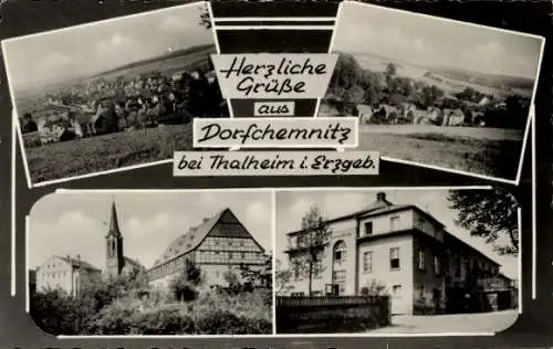 Ak Dorfchemnitz Zwönitz im Erzgebirge, Panorama, Teilansichten, Kirche