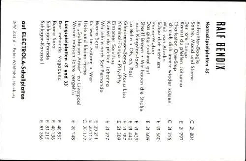 Ak Sänger Ralf Bendix, Autogramm,Heute geh ich nicht...