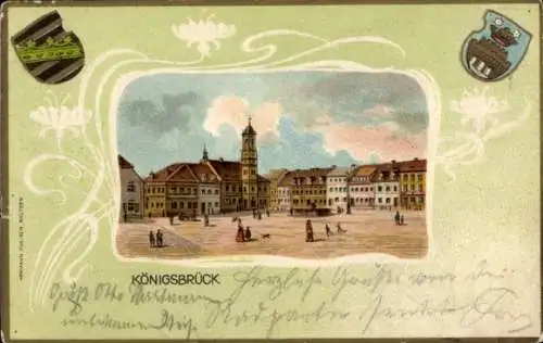 Präge Wappen Passepartout Litho Königsbrück, Marktplatz