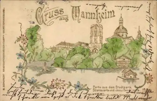 Präge Litho  Mannheim in Baden, Stadtpark, Sternwarte, Jesuitenkirche