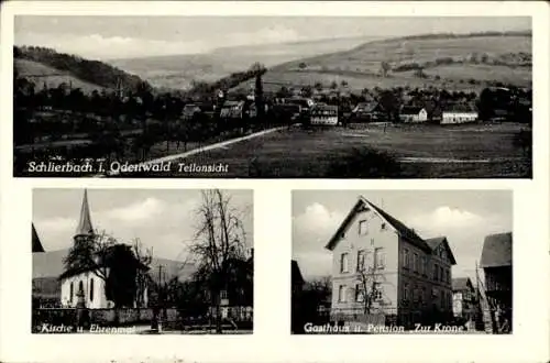 Ak Schlierbach Lindenfels Hessen, Teilansicht, Kirche u. Ehrenmal, Gasthaus und Pension Zur Krone