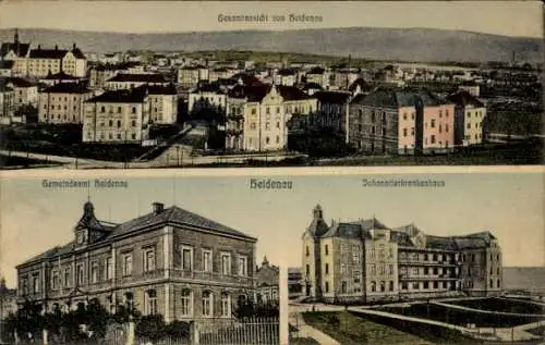 Ak Heidenau in Sachsen, Gesamtansicht, Gemeindeamt, Johanniterkrankenhaus