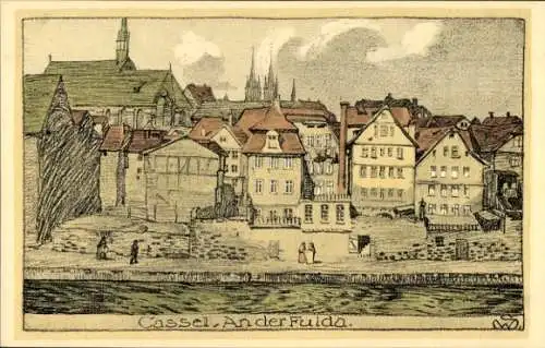 Steindruck Ak Kassel in Hessen, Fulda, Häuser