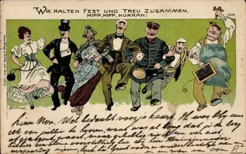 Litho Tanzende Menschen, Wir halten fest und treu zusammen, Adliger, Handwerker, Briefträger