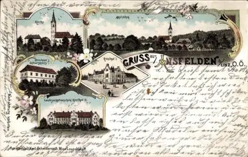 Litho Ansfelden in Oberösterreich, Totalansicht, Kirche, Bruckners Geburtshaus, Landesackerbauschule