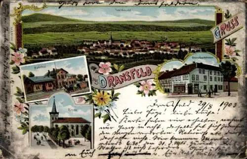 Litho Dransfeld in Niedersachsen, Panorama, Bahnhof, Kirche, Brauns Geschäftshaus