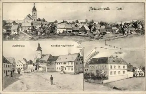 Künstler Ak Neualbenreuth in der Pfalz, Totale, Marktplatz, Gasthof Angermeier, Pfarrhof
