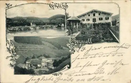 Ak Obernzell an der Donau Niederbayern, Teilansichten, Apotheke, Saxinger Schmelztiegelfabrik