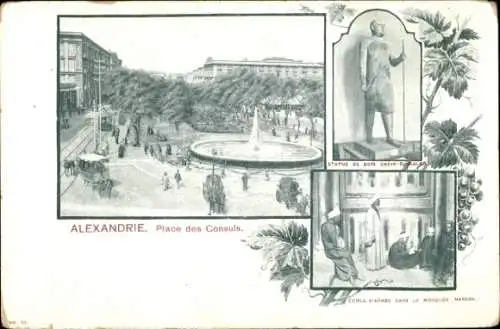 Ak Alexandria Ägypten, Place des Consuls, Statue, Arabische Schule