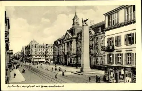 Ak Karlsruhe, Hauptpost, Grenadierdenkmal