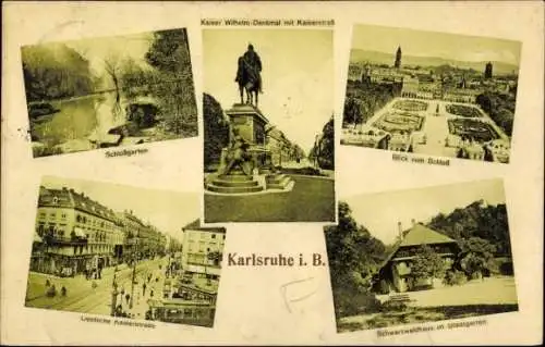 Ak Karlsruhe in Baden, Blick vom Schloss, Kaiserstraße, Kaiser Wilhelm Denkmal, Schlossgarten