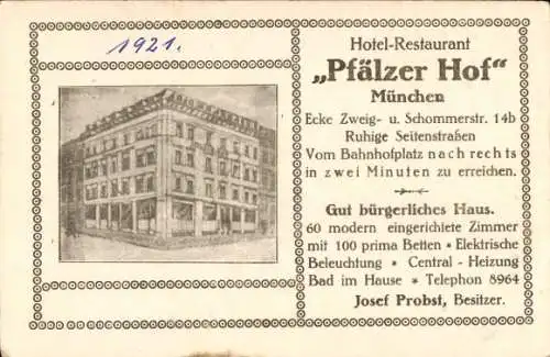 Ak München Bayern, Hotel-Restaurant Pfälzer Hof, Zweigstraße Ecke Schommerstraße 14b