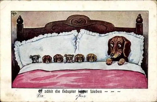 Künstler Ak Scheuermann, W., Hund und seine Kinder im Bett