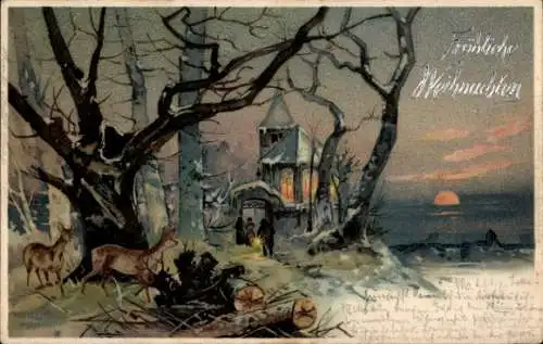 Litho Glückwunsch Weihnachten, Rehe, Kirche